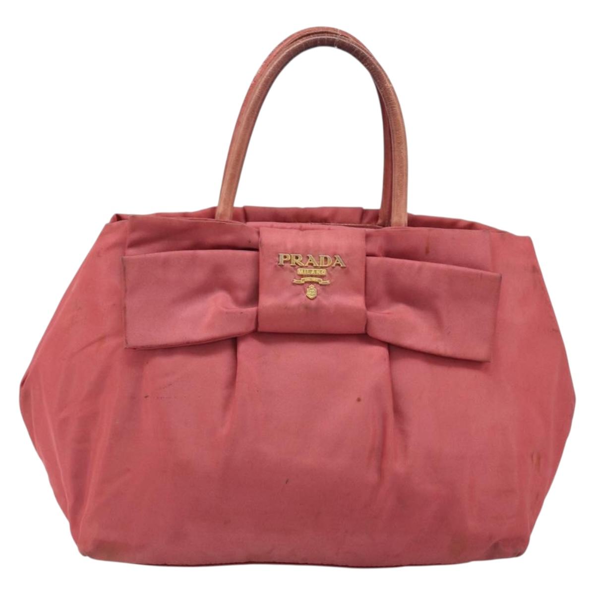 PRADA Ribbon Hand Bag Nylon Pink Gold Auth 186427