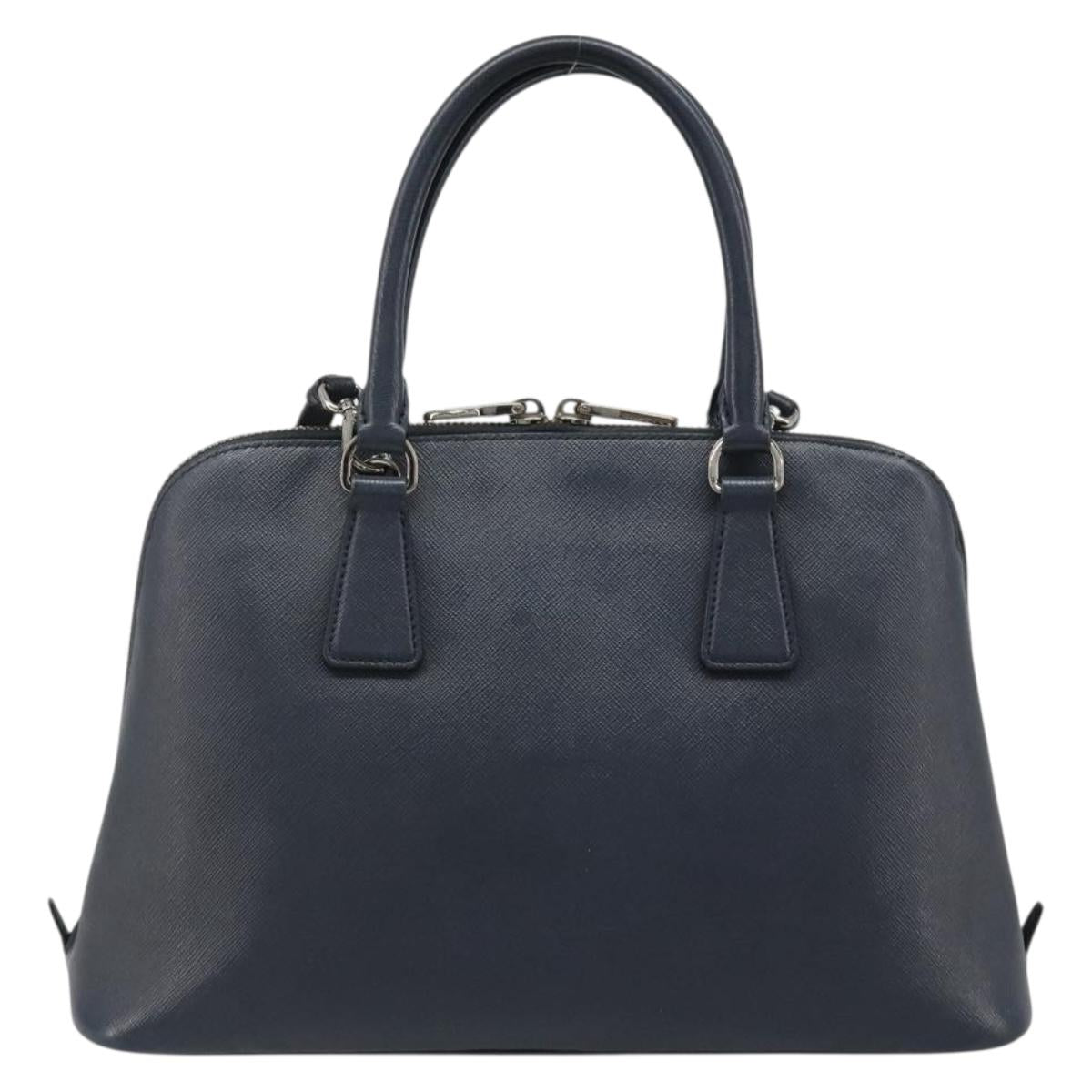 PRADA Hand Bag Safiano Leather 2way Navy Silver Auth 186429A