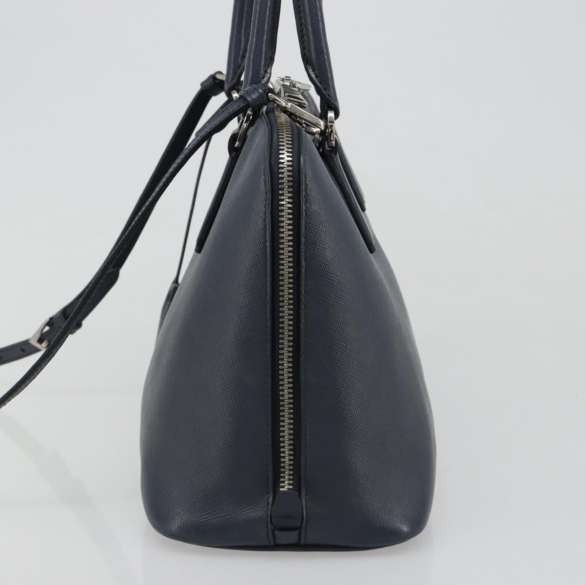 PRADA Hand Bag Safiano Leather 2way Navy Silver Auth 186429A