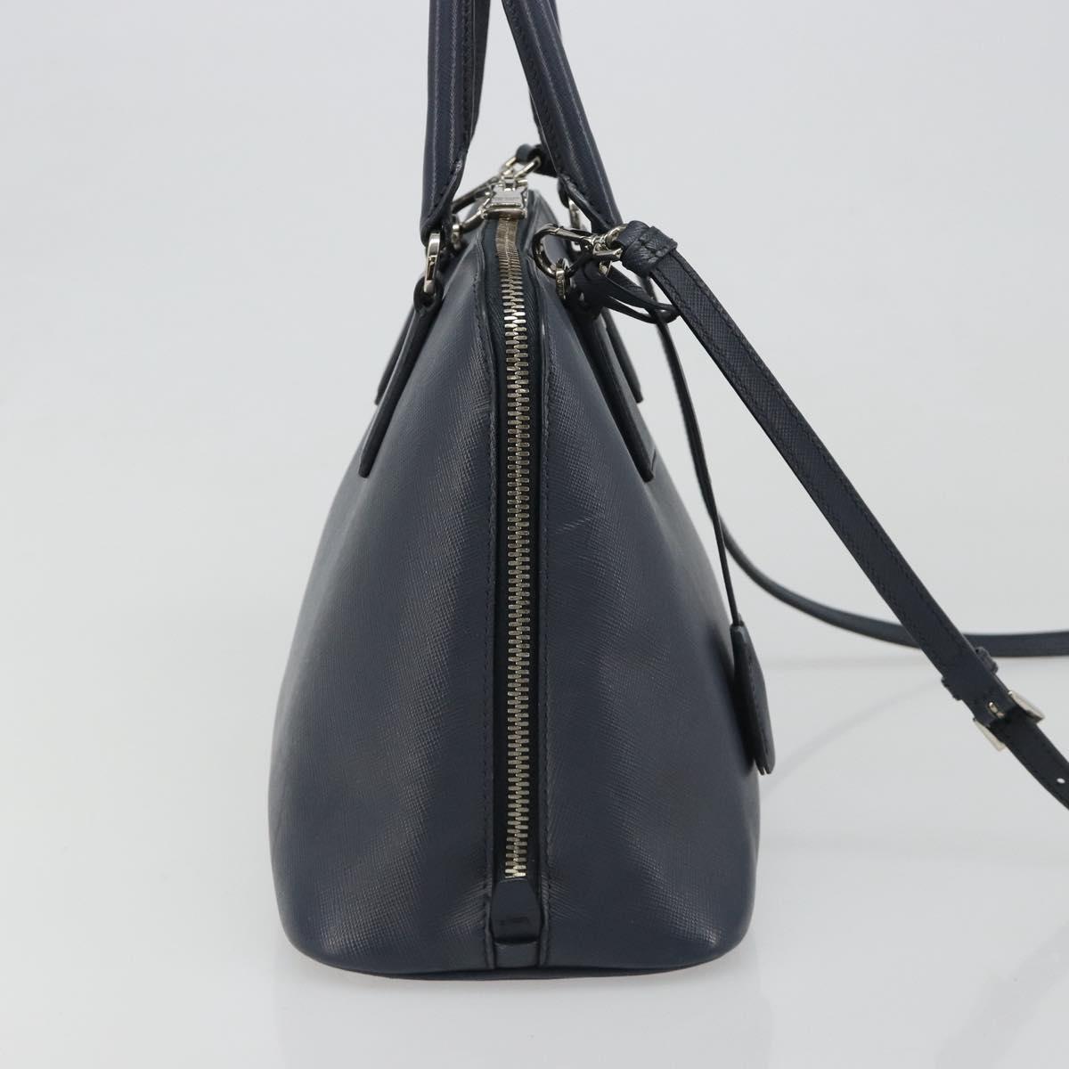 PRADA Hand Bag Safiano Leather 2way Navy Silver Auth 186429A