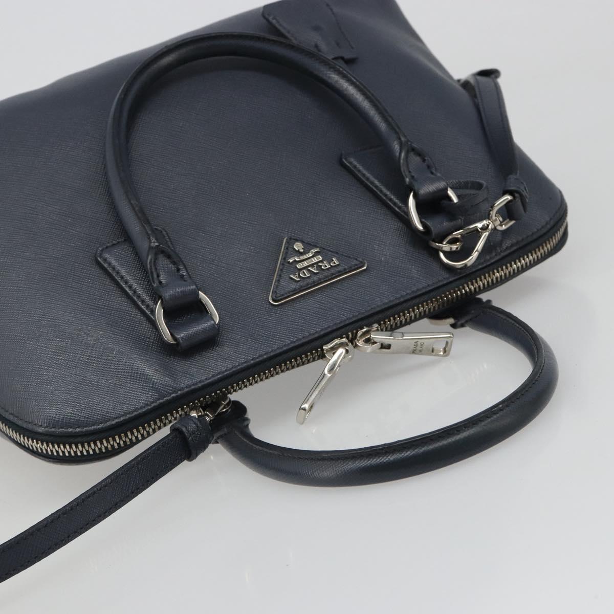 PRADA Hand Bag Safiano Leather 2way Navy Silver Auth 186429A