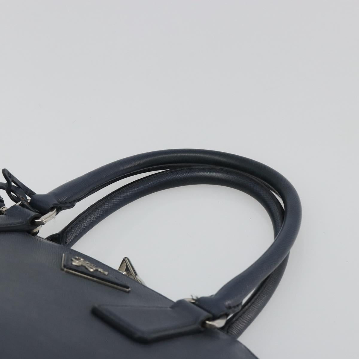 PRADA Hand Bag Safiano Leather 2way Navy Silver Auth 186429A