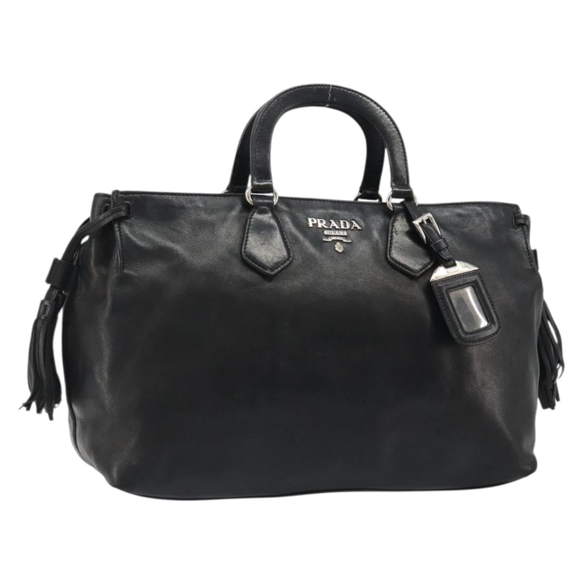 PRADA Hand Bag Leather Black Silver Auth 186430A
