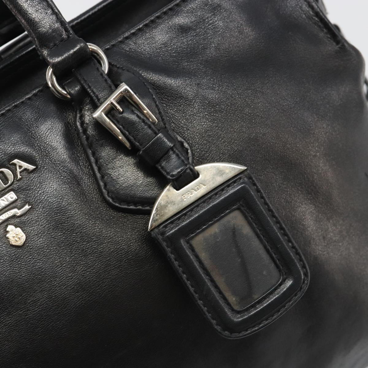 PRADA Hand Bag Leather Black Silver Auth 186430A