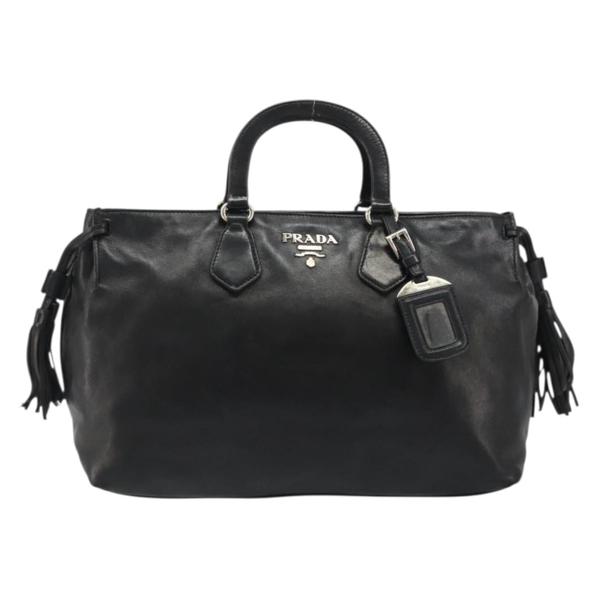 PRADA Hand Bag Leather Black Silver Auth 186430A