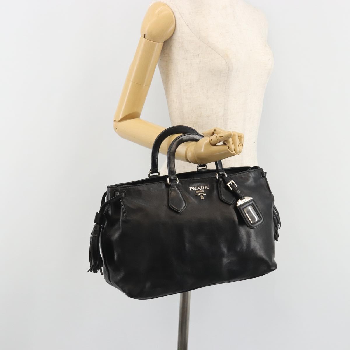 PRADA Hand Bag Leather Black Silver Auth 186430A