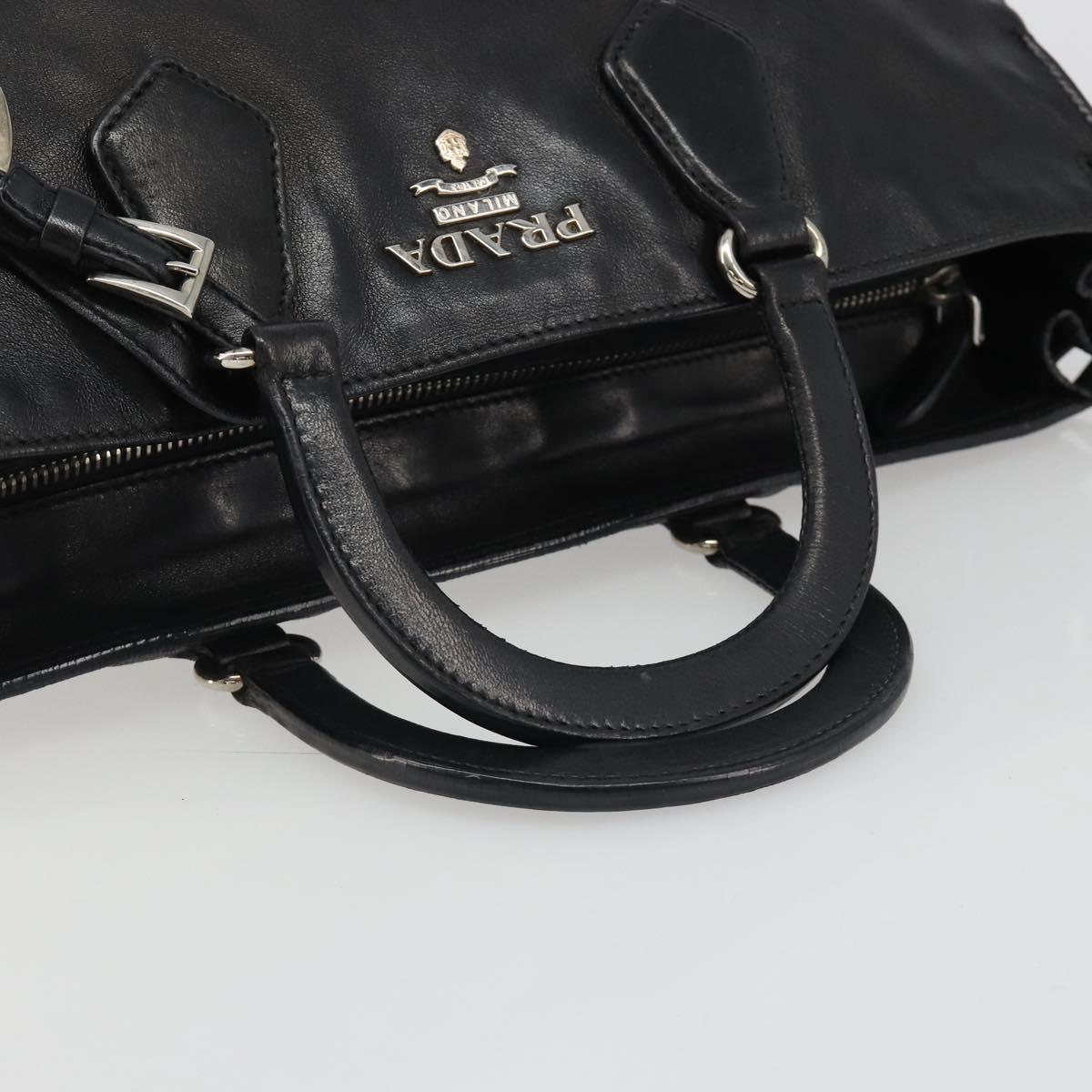 PRADA Hand Bag Leather Black Silver Auth 186430A