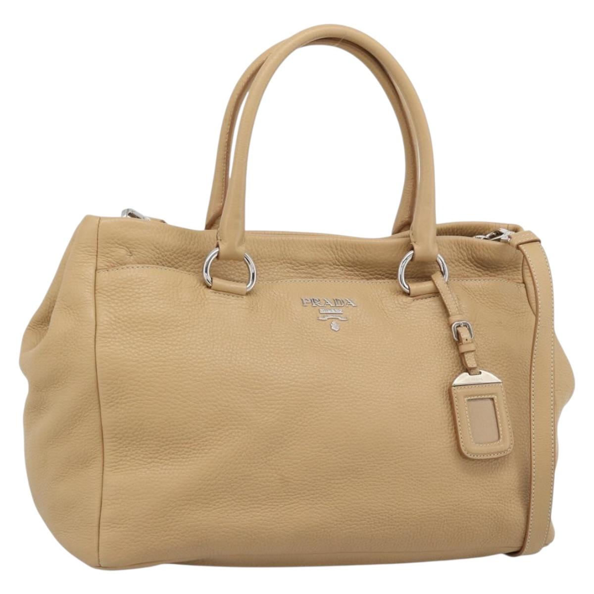 PRADA Hand Bag Vittero Dino Leather 2way Beige Silver Auth 186431V