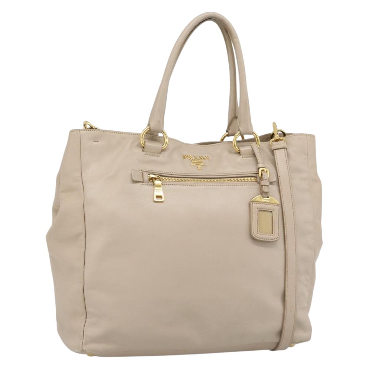 PRADA Hand Bag Leather 2way Beige Gold Auth 186432A
