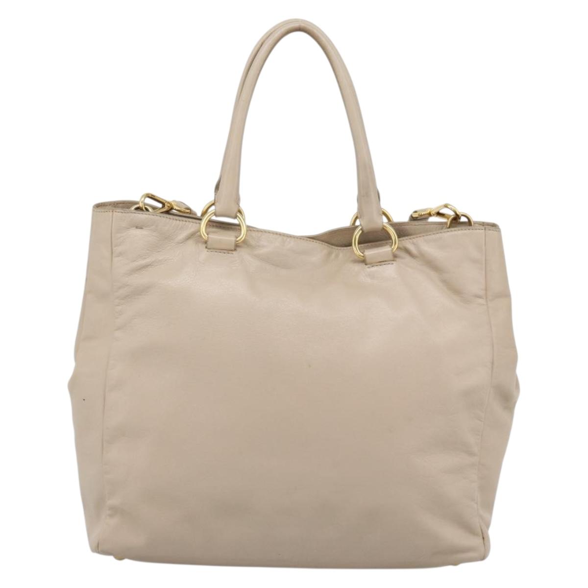 PRADA Hand Bag Leather 2way Beige Gold Auth 186432A
