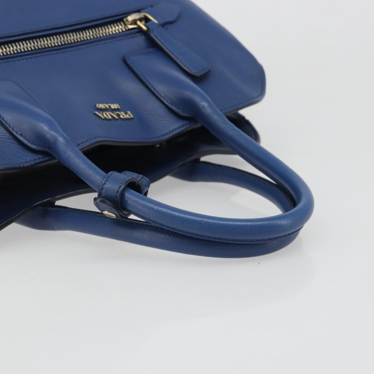 PRADA Hand Bag Safiano Leather Blue Gold Auth 186433A