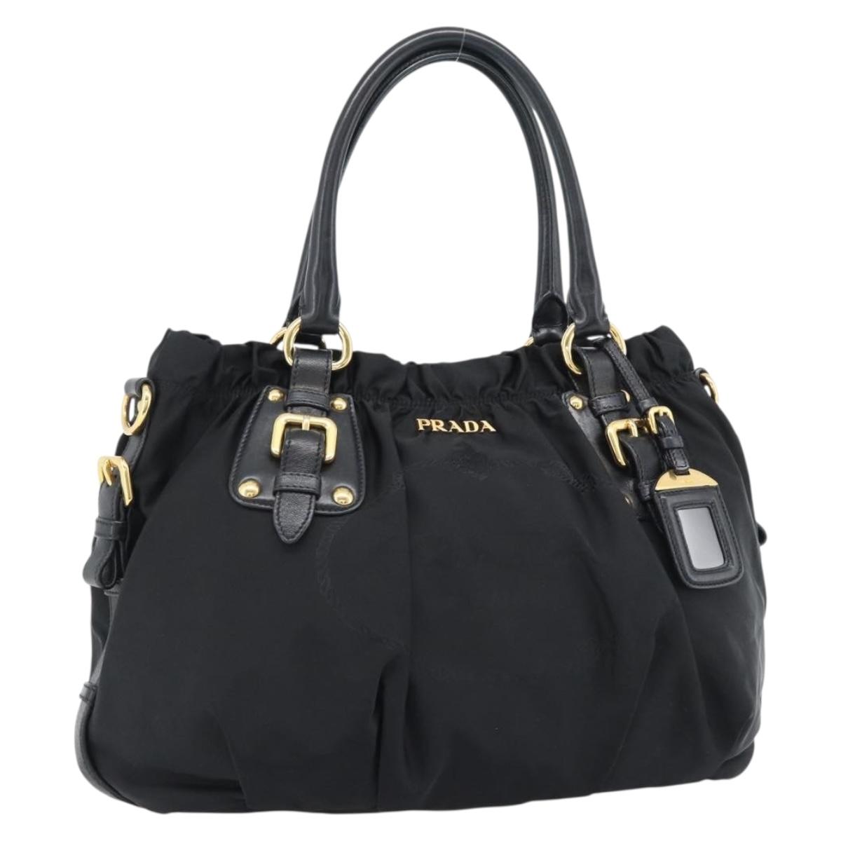 PRADA Hand Bag Nylon Black Gold Auth 186434V