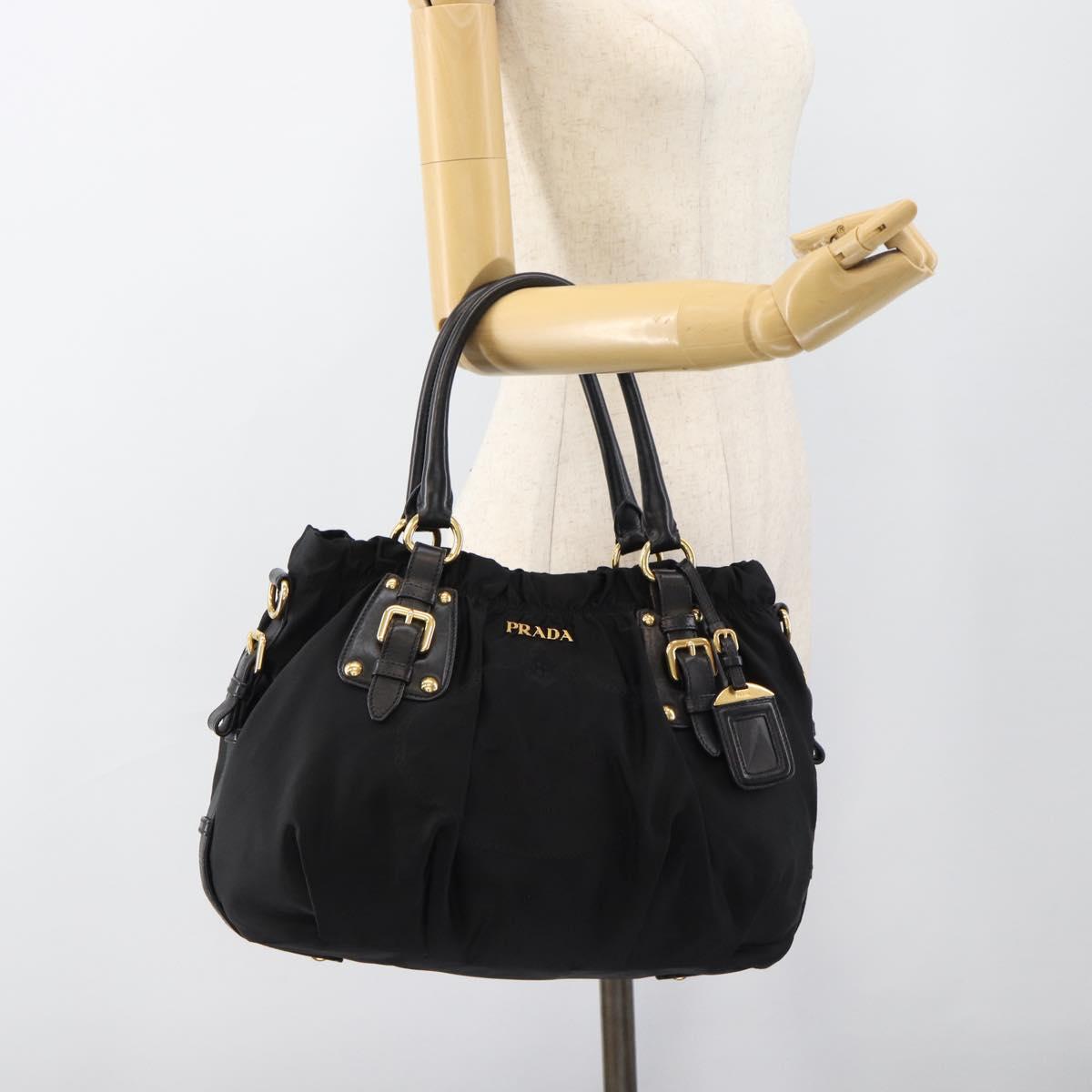PRADA Hand Bag Nylon Black Gold Auth 186434V