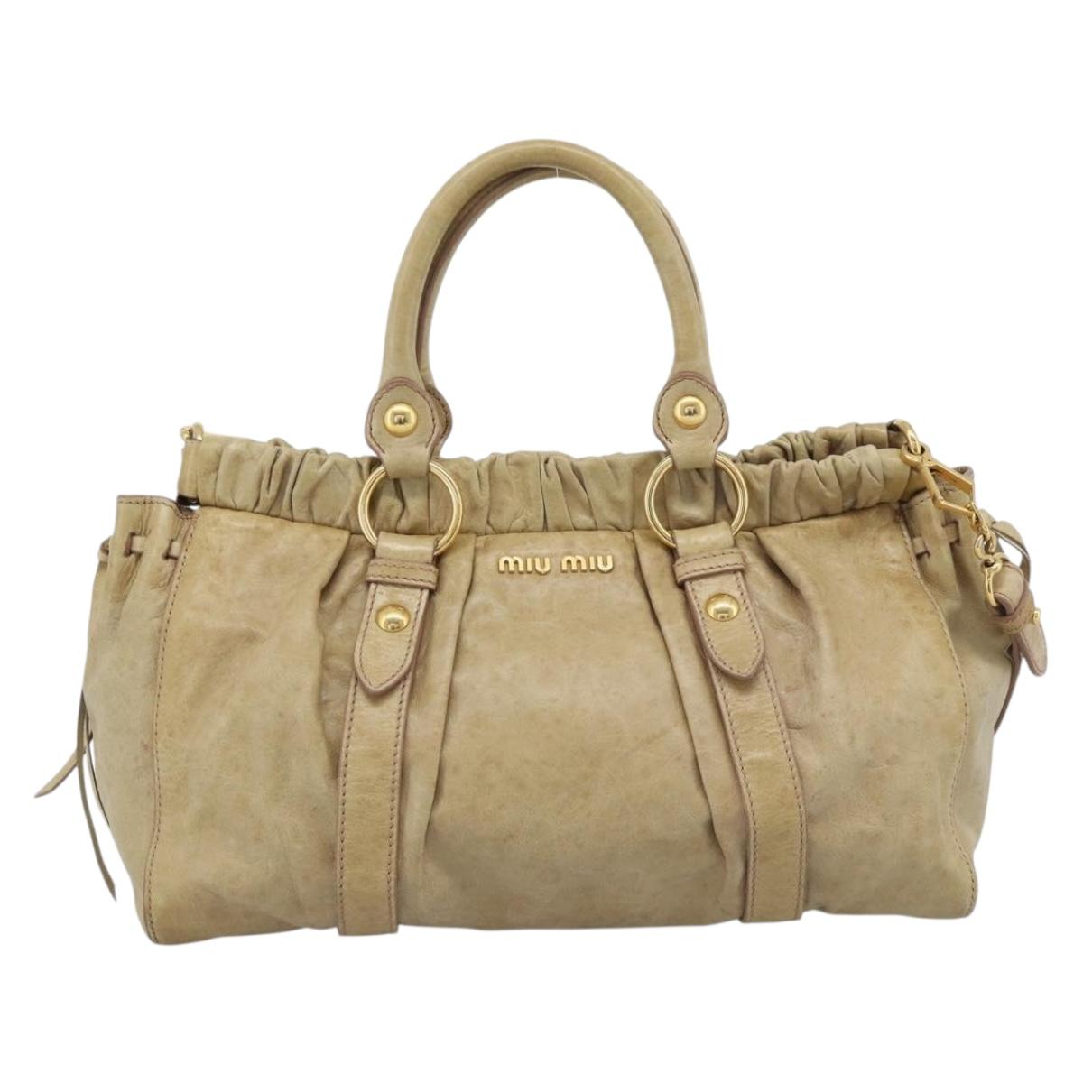 Miu Miu Hand Bag Leather 2way Beige Gold Auth 186441V
