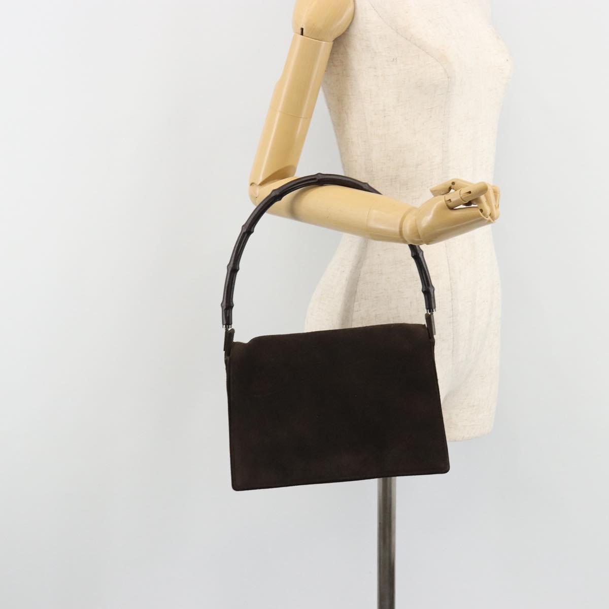 GUCCI Bamboo Shoulder Bag Suede Brown Silver 001 3239 Auth 186455A