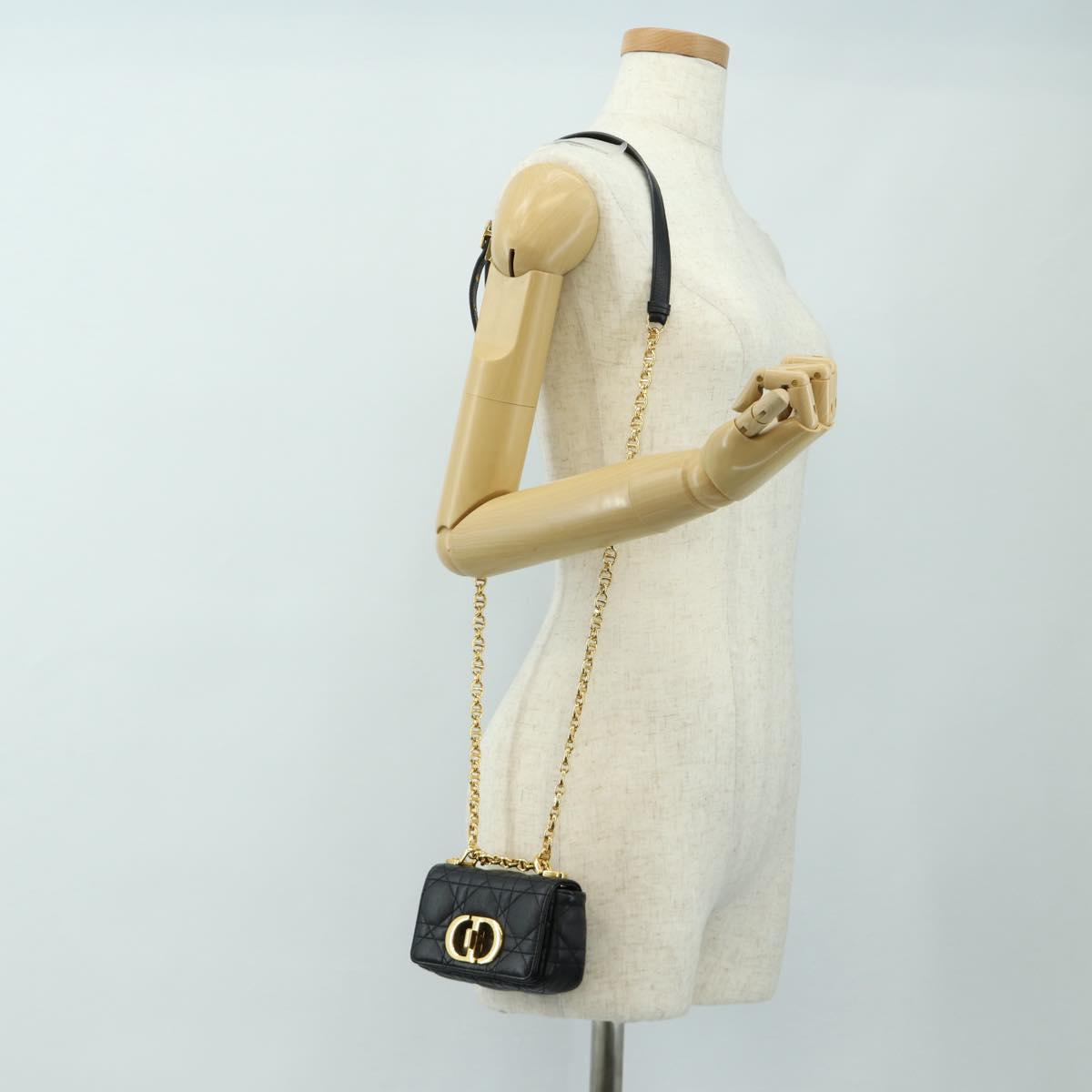 Christian Dior Cannage Caro Chain Pouch Lamb Skin Black Gold Auth 186459SAM