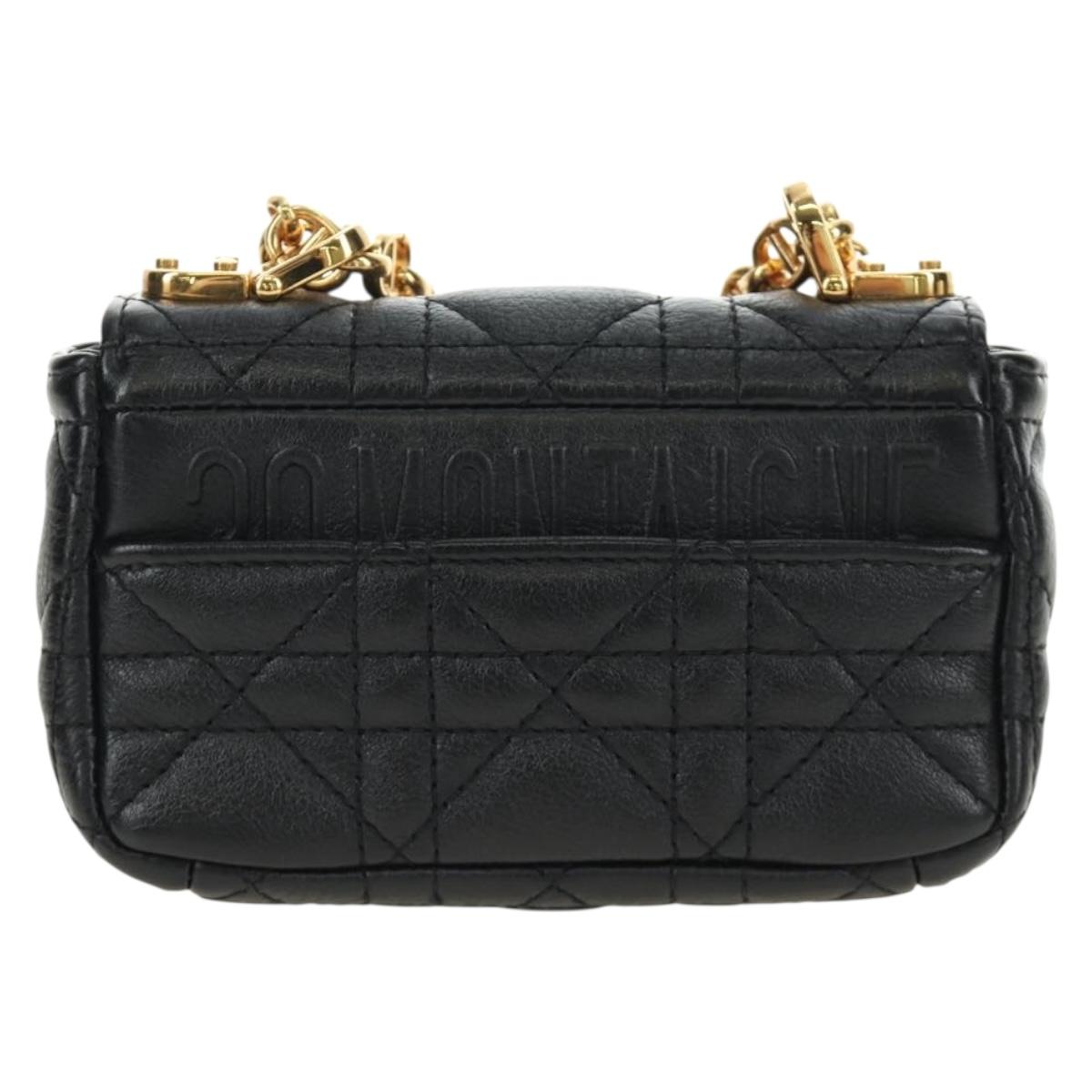 Christian Dior Cannage Caro Chain Pouch Lamb Skin Black Gold Auth 186459SAM