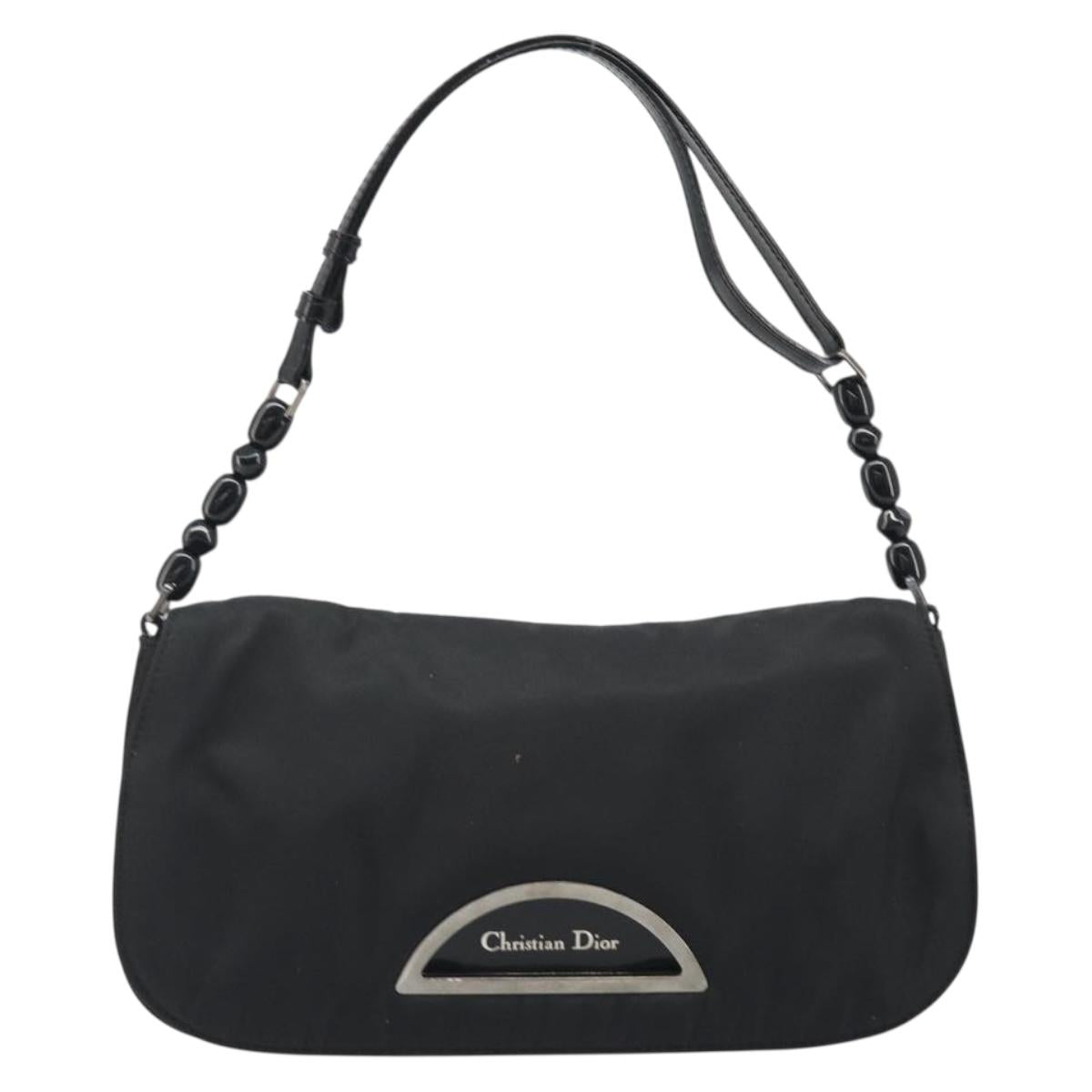 Christian Dior Maris Pearl Shoulder Bag Nylon Black Silver Auth 186460