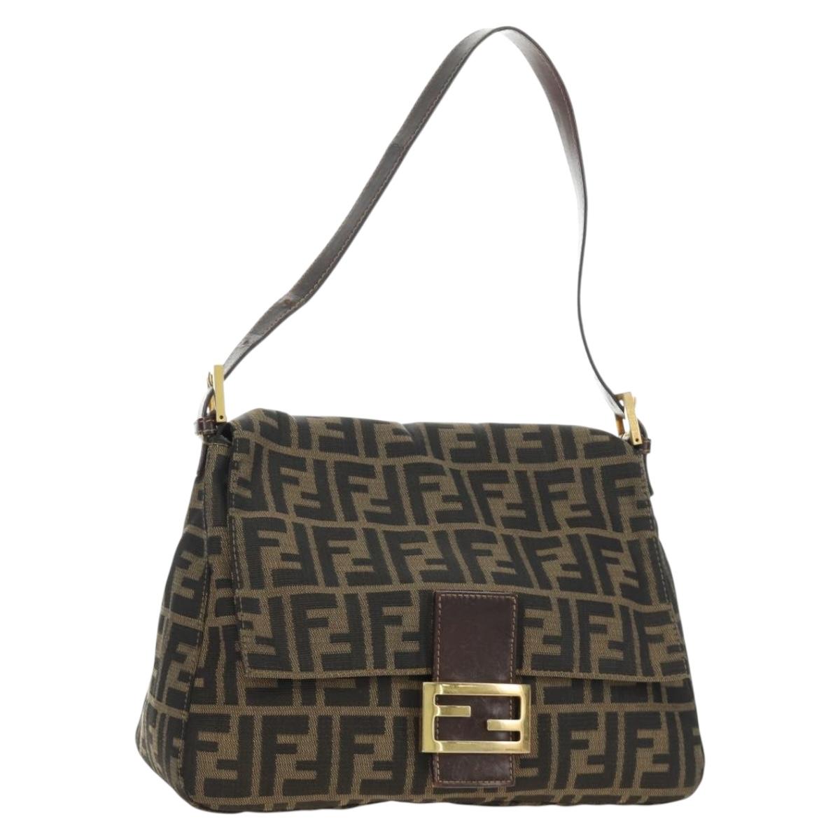 FENDI Zucca Canvas Mamma Baguette Shoulder Bag Black Brown Auth 186461V