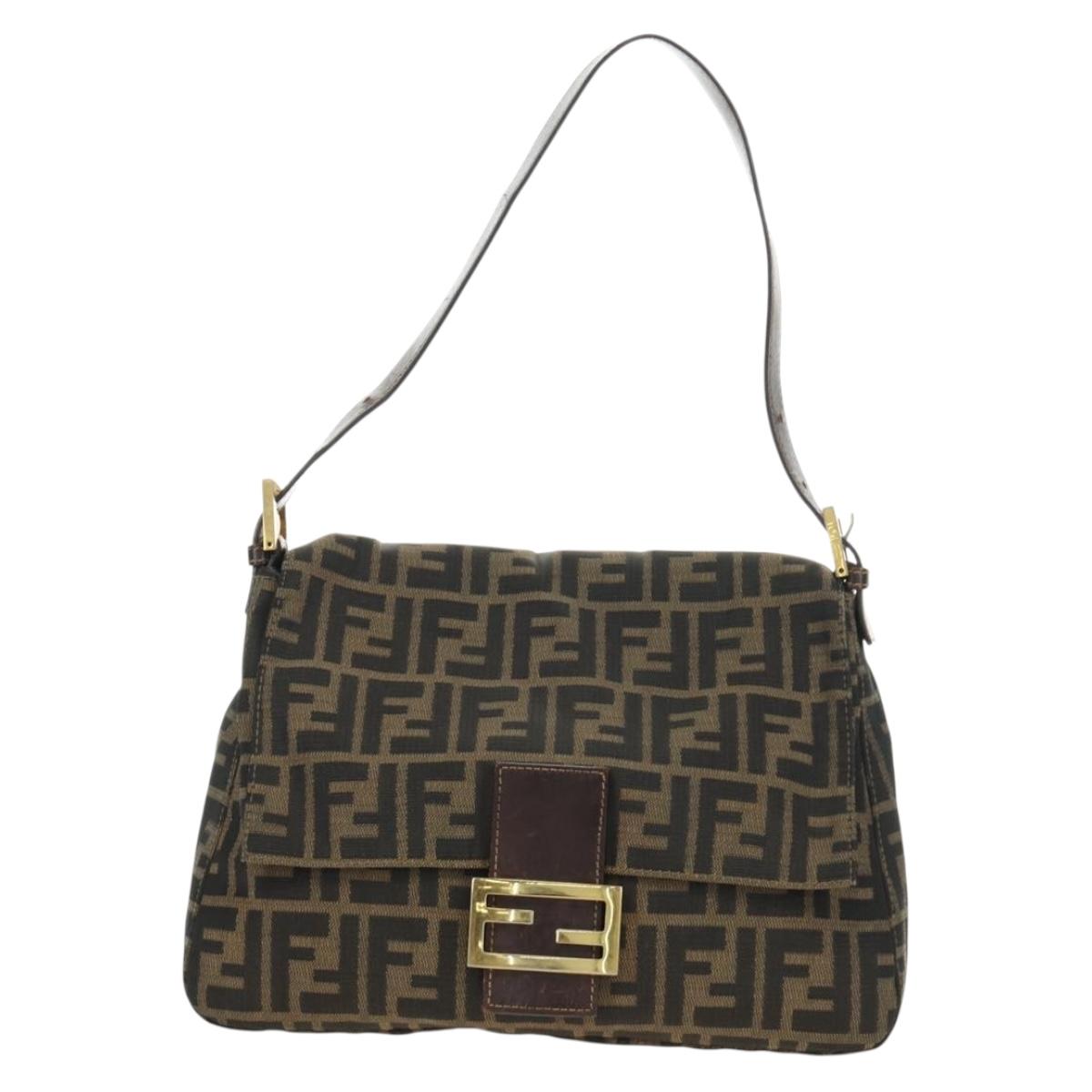 FENDI Zucca Canvas Mamma Baguette Shoulder Bag Black Brown Auth 186461V