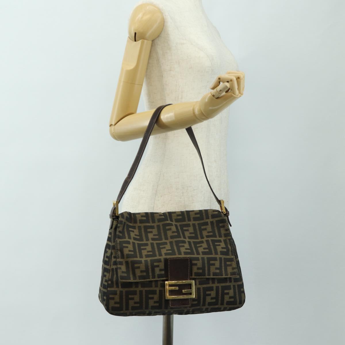 FENDI Zucca Canvas Mamma Baguette Shoulder Bag Black Brown Auth 186461V