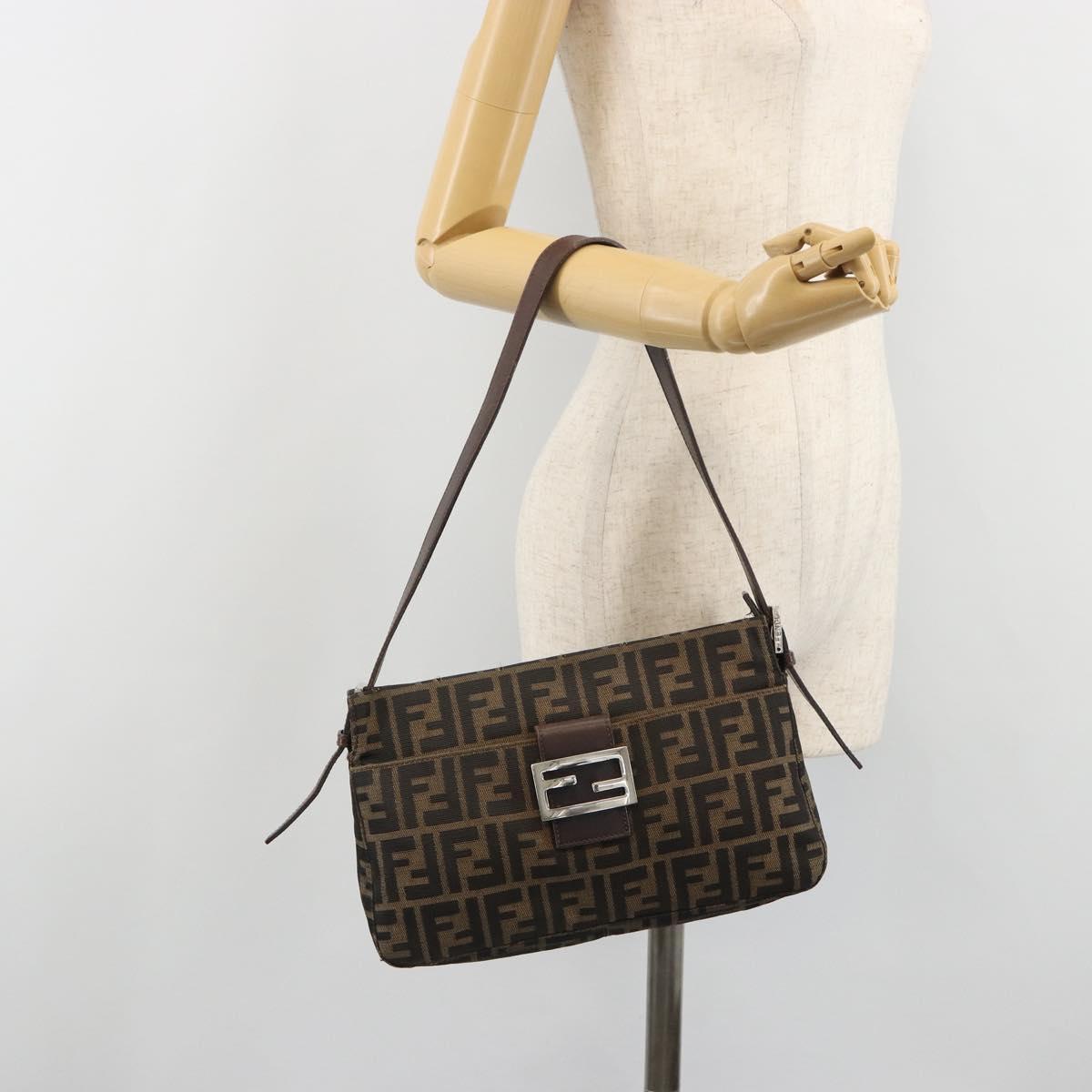 FENDI Zucca Canvas Mamma Baguette Shoulder Bag Black Brown Auth 186464