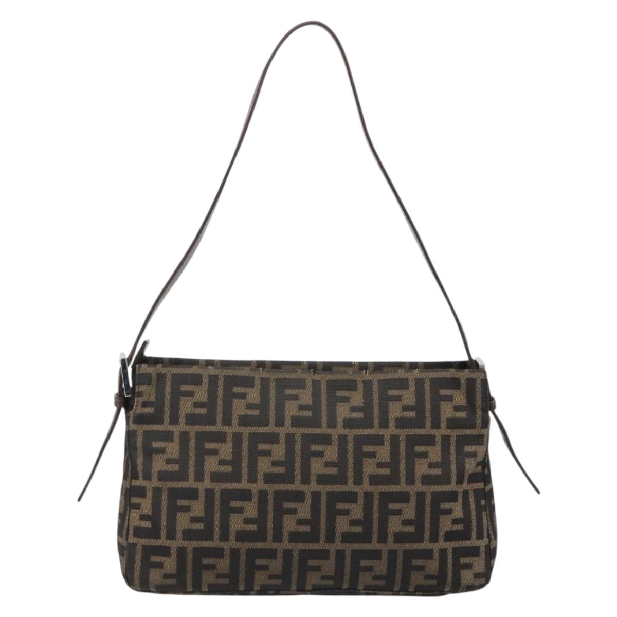 FENDI Zucca Canvas Mamma Baguette Shoulder Bag Black Brown Auth 186464