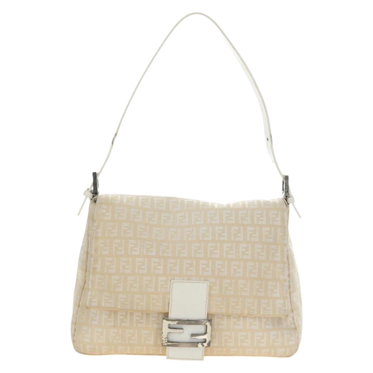 FENDI Zucchino Canvas Mamma Baguette Shoulder Bag White Silver Auth 186466V