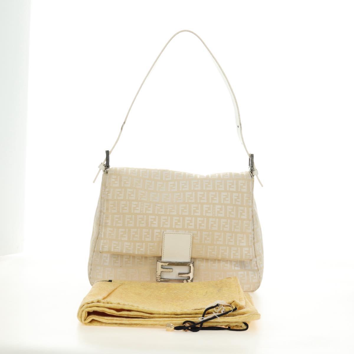 FENDI Zucchino Canvas Mamma Baguette Shoulder Bag White Silver Auth 186466V
