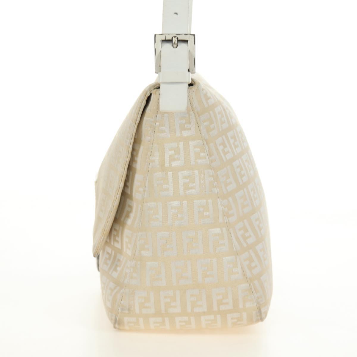FENDI Zucchino Canvas Mamma Baguette Shoulder Bag White Silver Auth 186466V