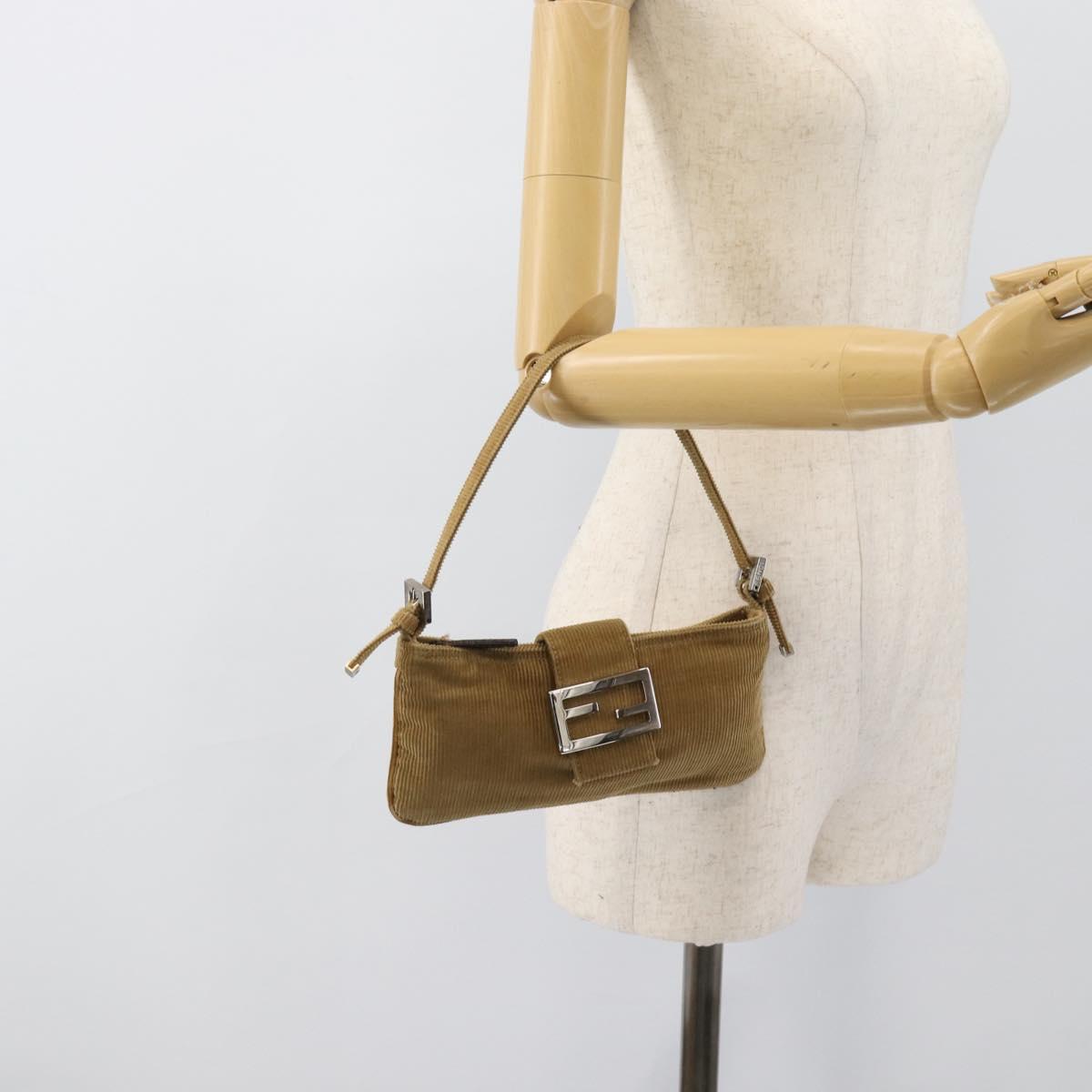 FENDI Mamma Baguette Shoulder Bag Corduroy Brown Silver Auth 186467V