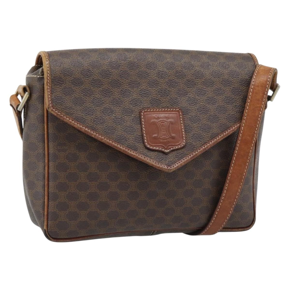 CELINE Macadam Canvas Shoulder Bag PVC Leather Brown Gold Auth 186541