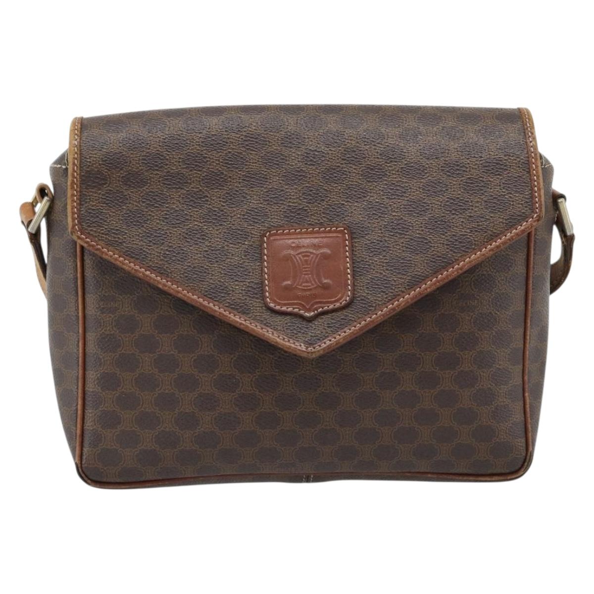 CELINE Macadam Canvas Shoulder Bag PVC Leather Brown Gold Auth 186541