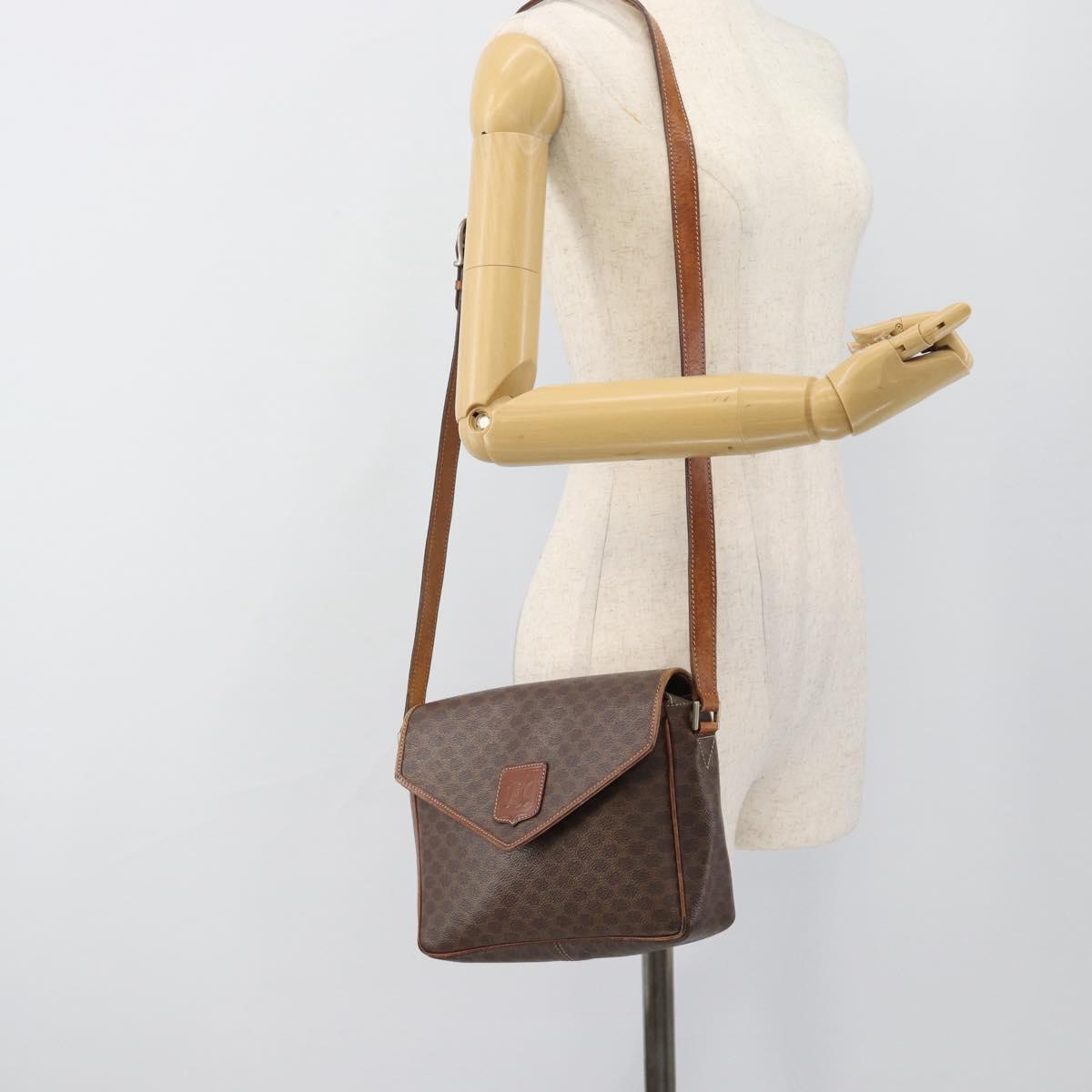 CELINE Macadam Canvas Shoulder Bag PVC Leather Brown Gold Auth 186541