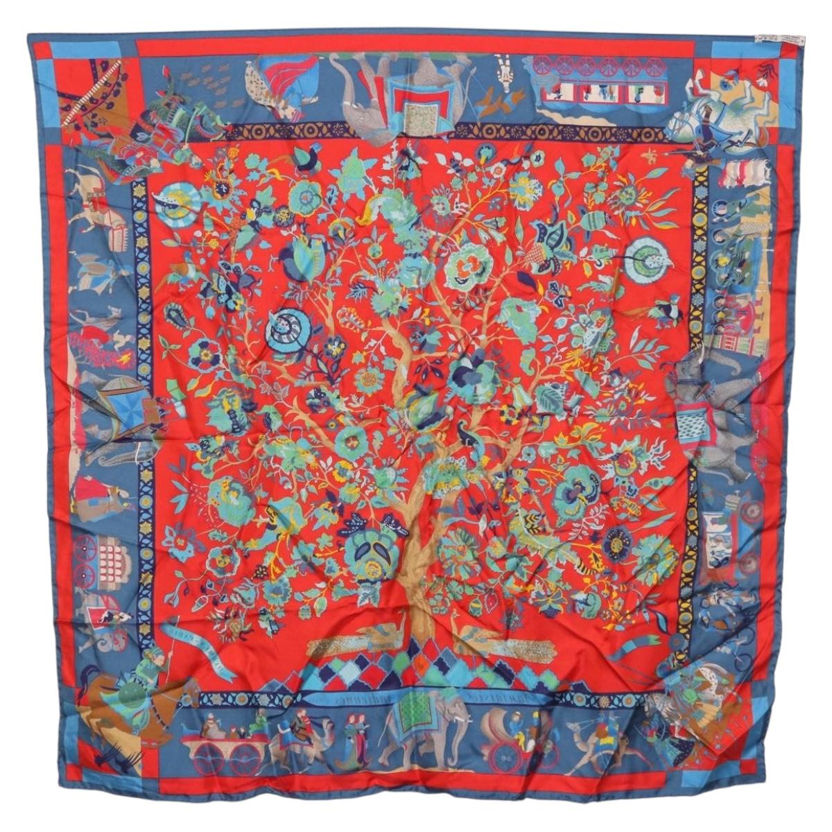 HERMES Carre 90 Scarf ""fantaisies indiennes"" Silk Red Auth 186543