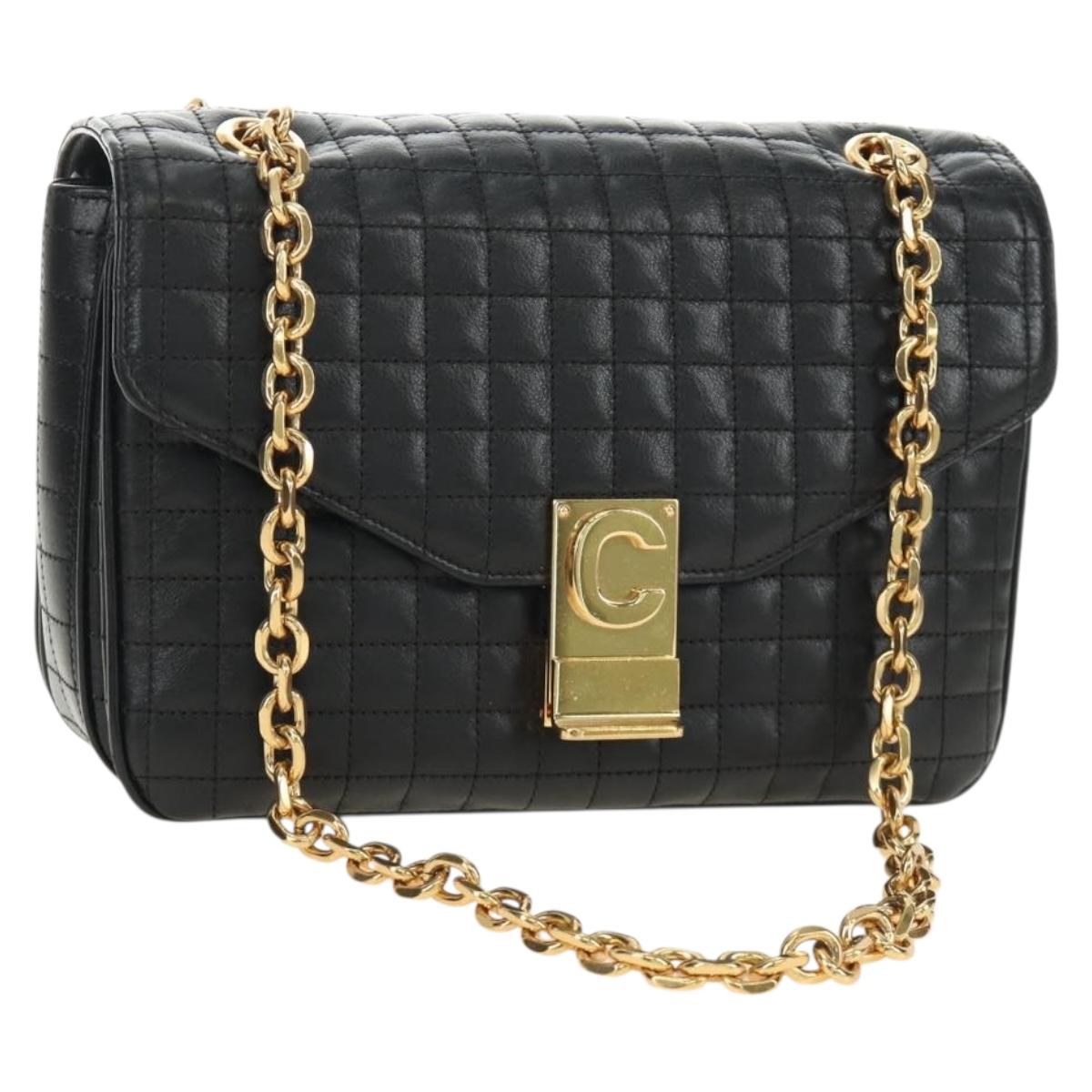 CELINE Chain Shoulder Bag Leather Black Gold Auth 186545SAM