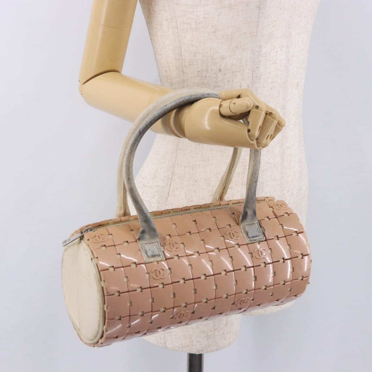 CHANEL Puzzle Hand Bag Leather Pink Silver CC Auth 186552