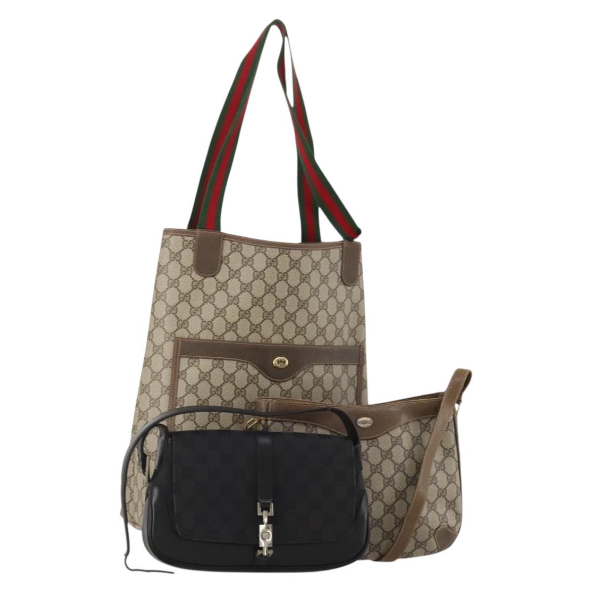 GUCCI GG Canvas GG Supreme Web Sherry Line Bag PVC 3 Set Beige Black Auth 186560