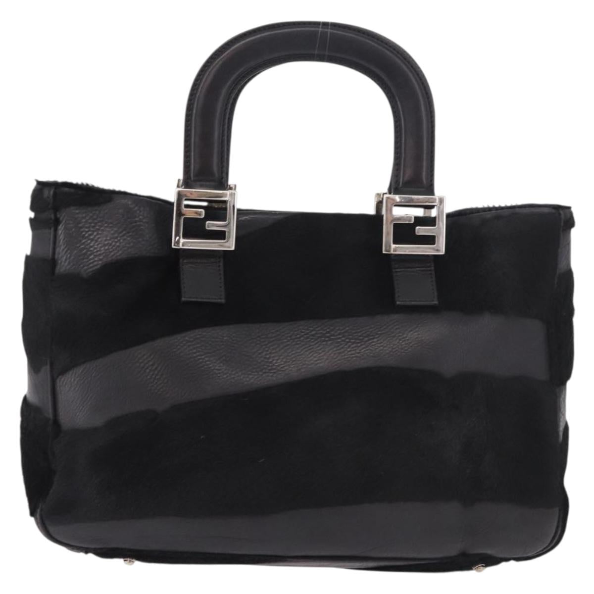 FENDI Hand Bag Harako Leather Black Silver Auth 186561A