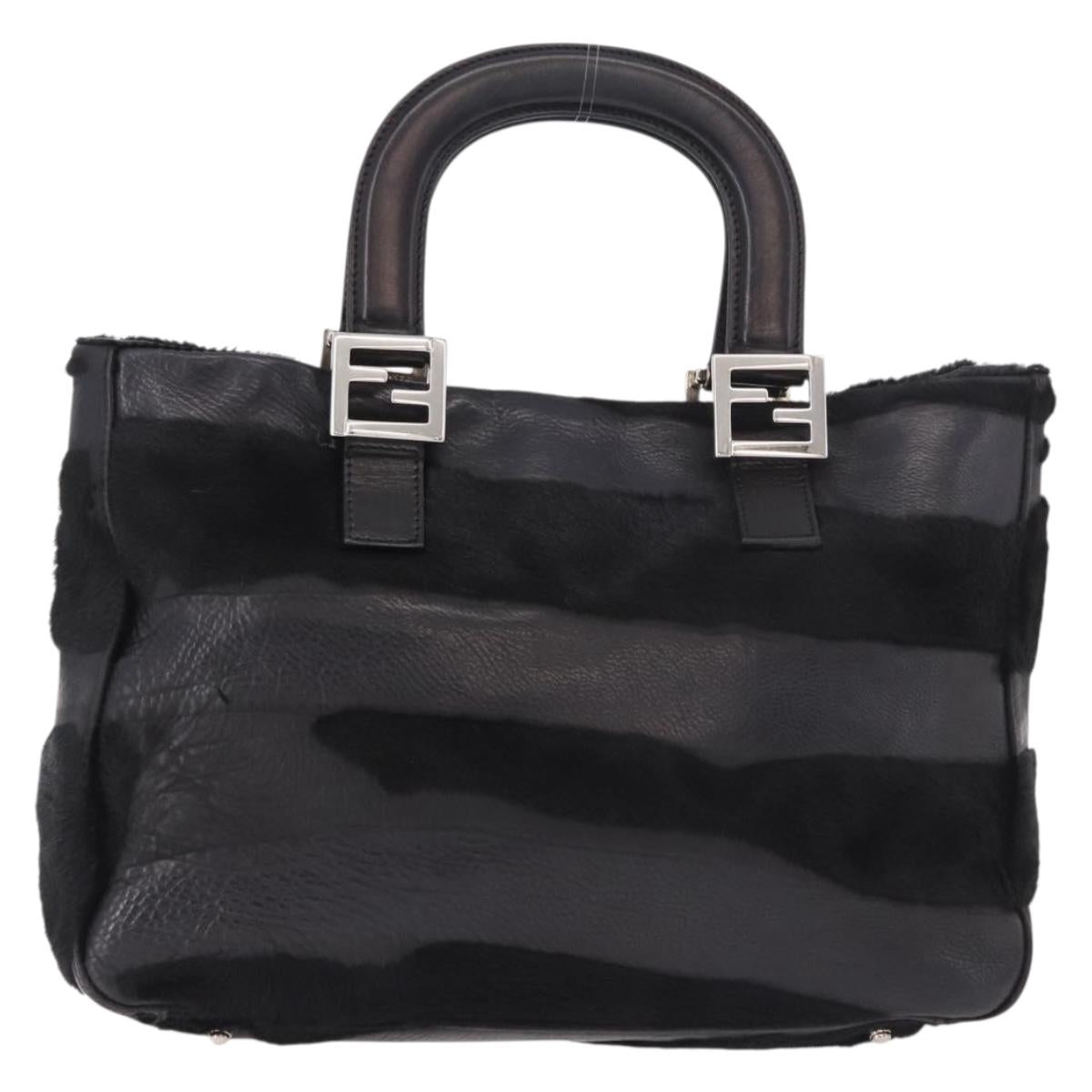 FENDI Hand Bag Harako Leather Black Silver Auth 186561A