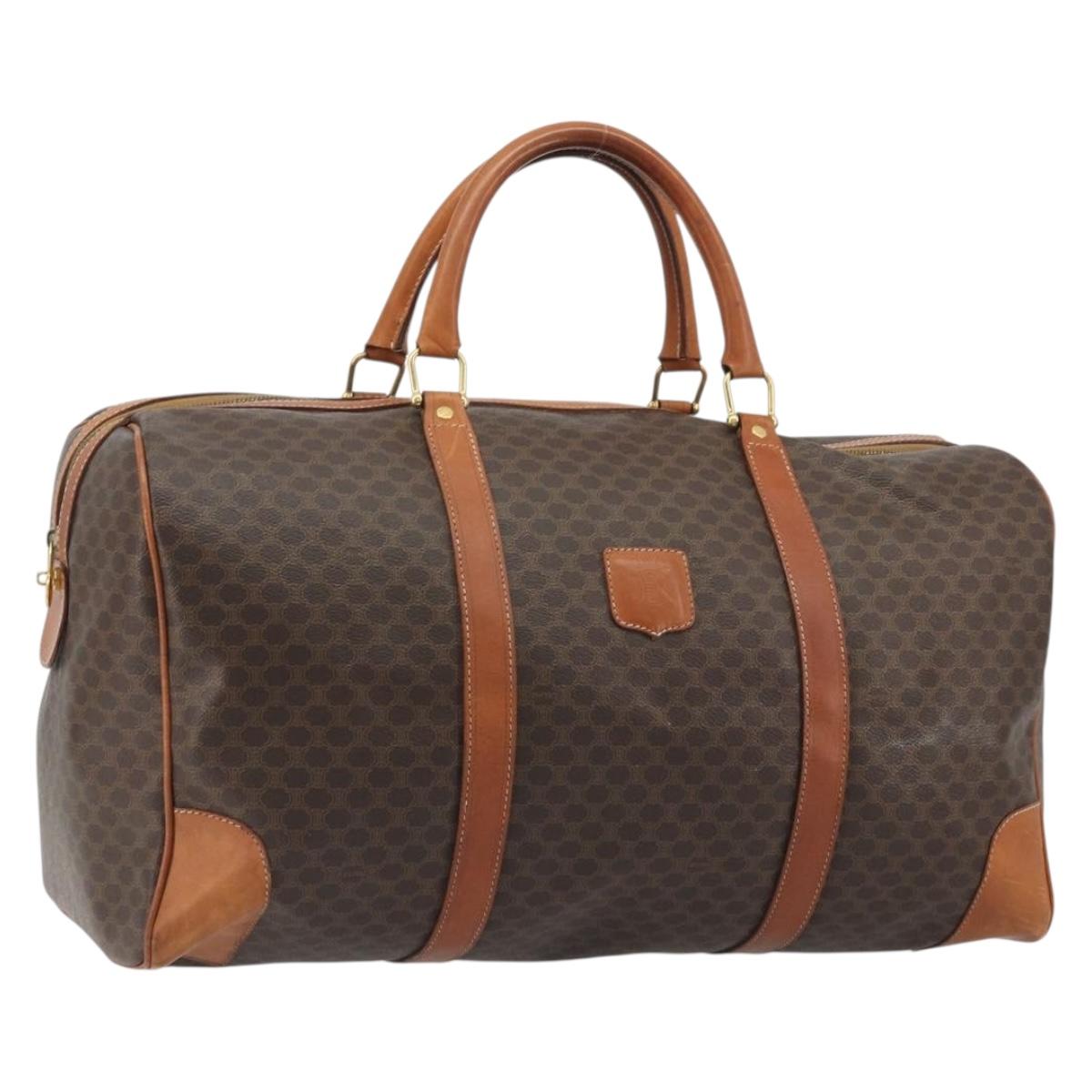 CELINE Macadam Canvas Boston Bag PVC Leather Brown Gold Auth 186569