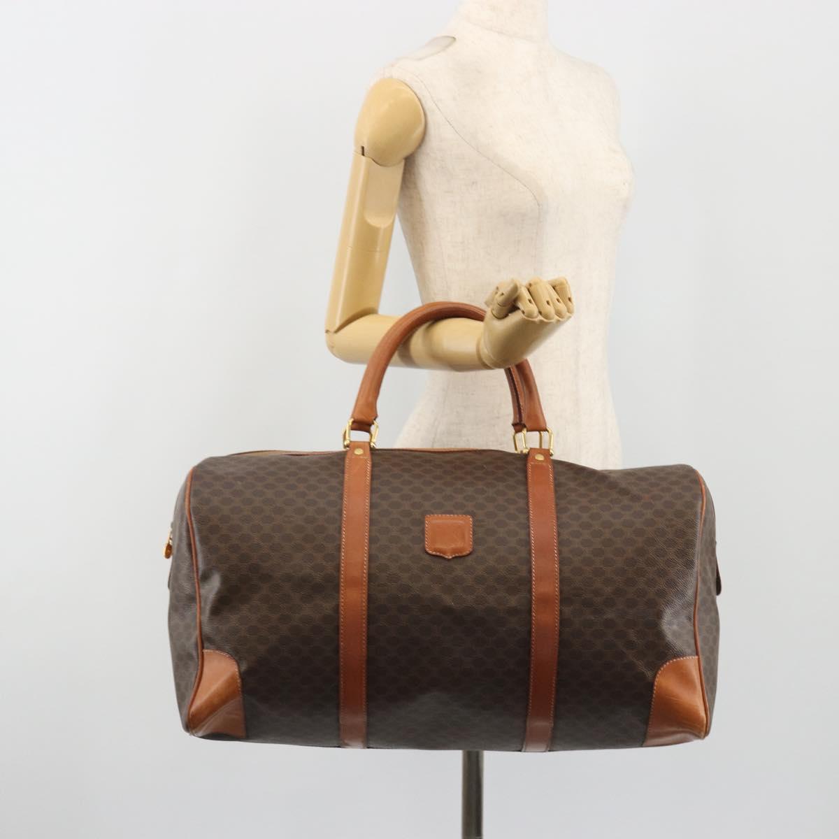 CELINE Macadam Canvas Boston Bag PVC Leather Brown Gold Auth 186569