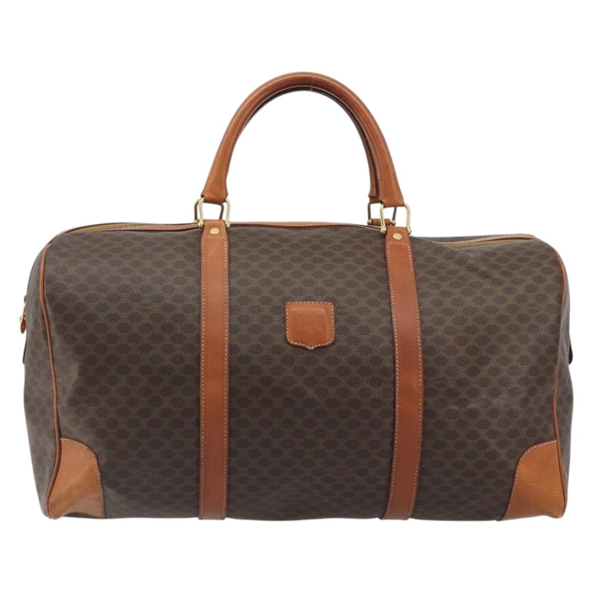 CELINE Macadam Canvas Boston Bag PVC Leather Brown Gold Auth 186569