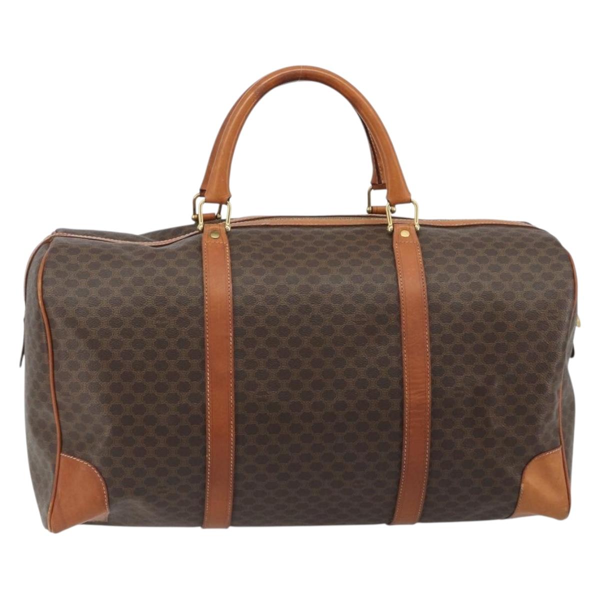 CELINE Macadam Canvas Boston Bag PVC Leather Brown Gold Auth 186569