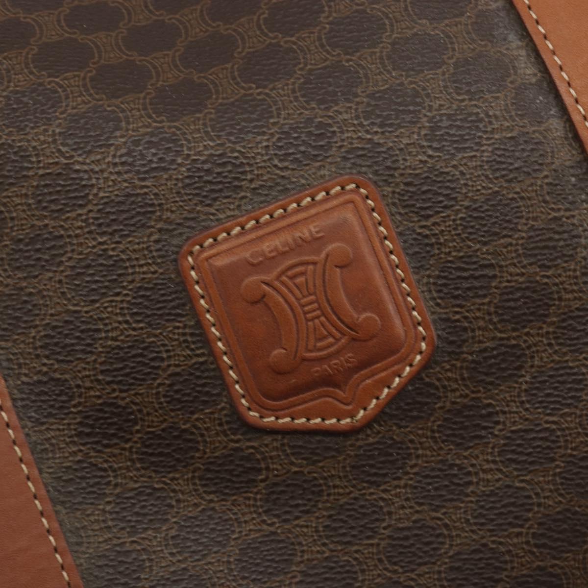 CELINE Macadam Canvas Boston Bag PVC Leather Brown Gold Auth 186570