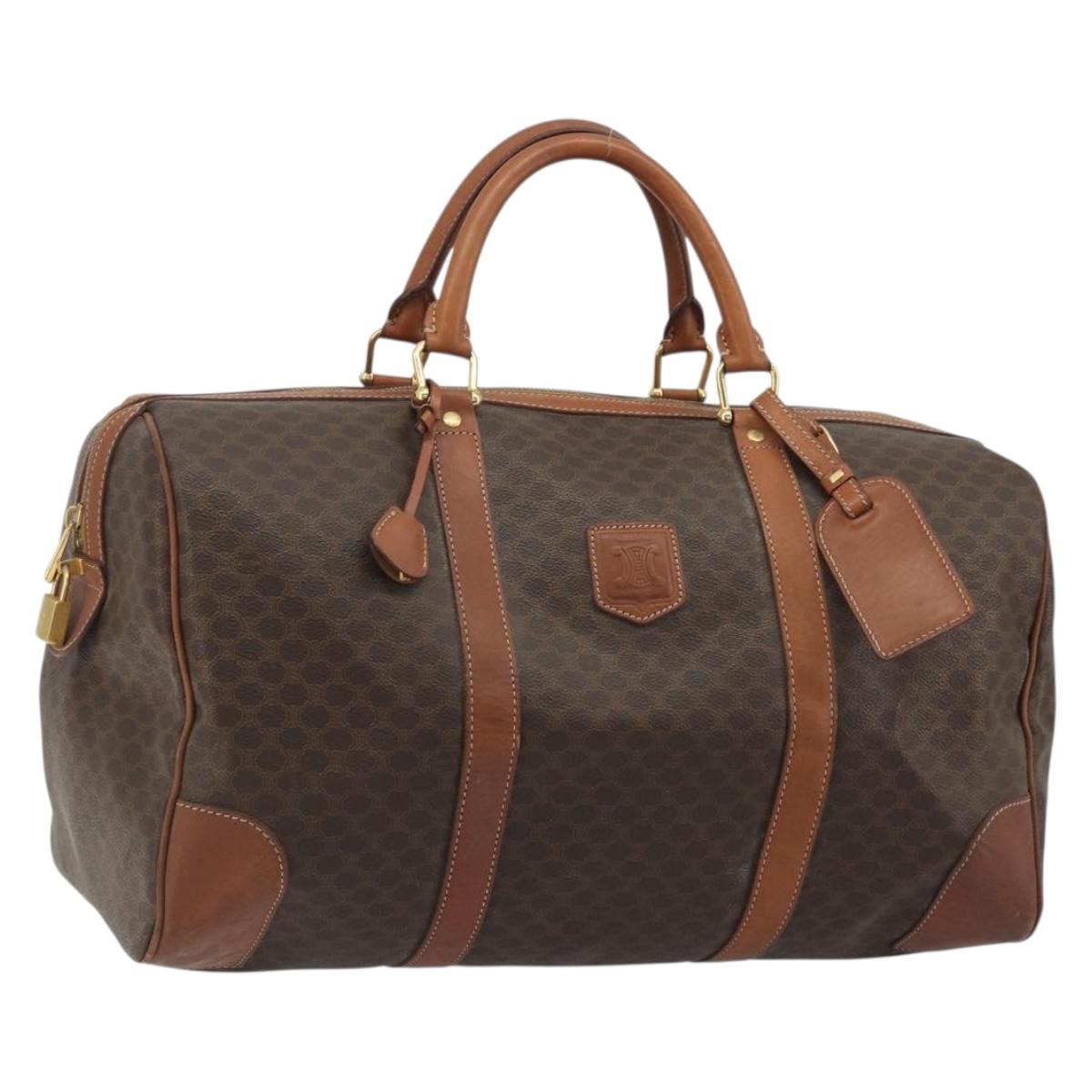 CELINE Macadam Canvas Boston Bag PVC Leather Brown Gold Auth 186570