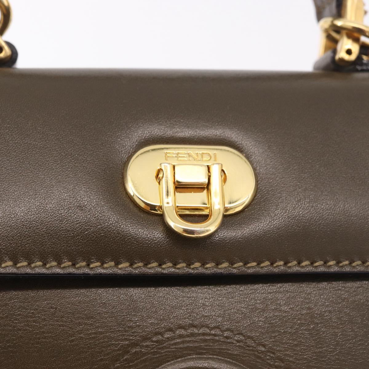 FENDI Hand Bag Leather 2way Khaki Gold Auth 186587A