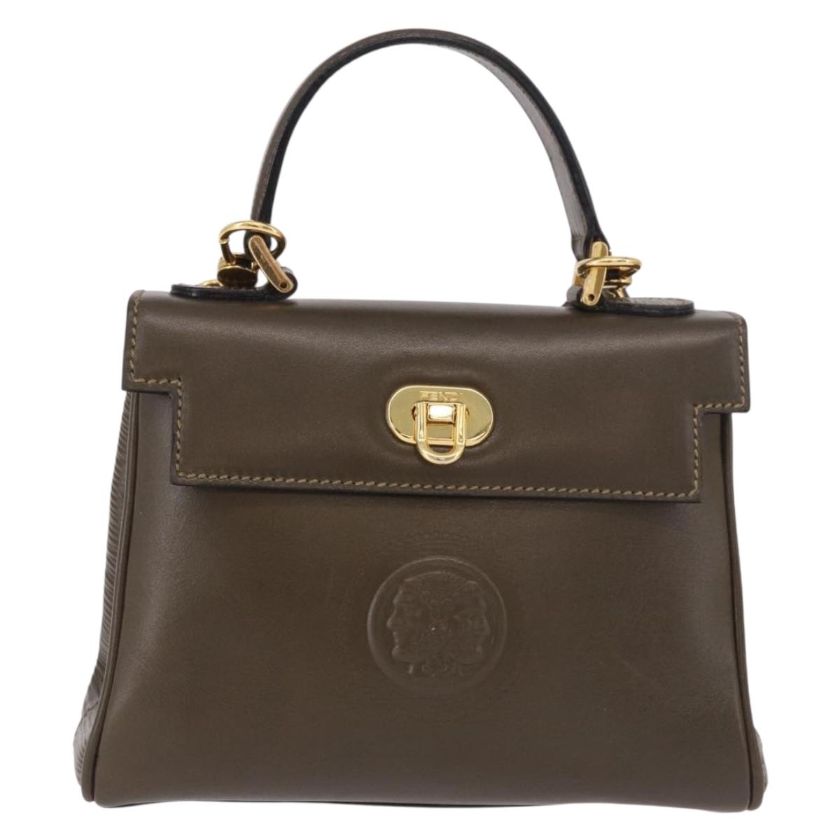 FENDI Hand Bag Leather 2way Khaki Gold Auth 186587A
