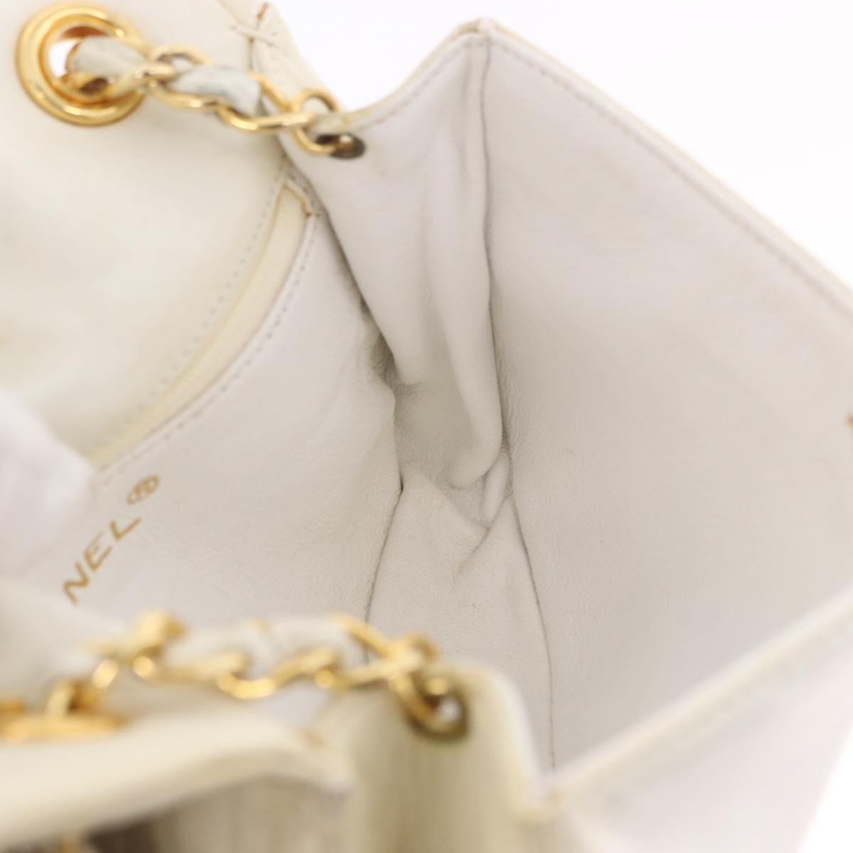 CHANEL Chain Shoulder Bag Lamb Skin White Gold CC Auth 186589A