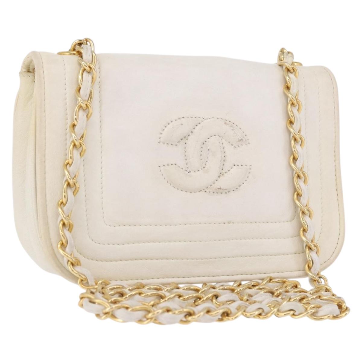 CHANEL Chain Shoulder Bag Lamb Skin White Gold CC Auth 186589A